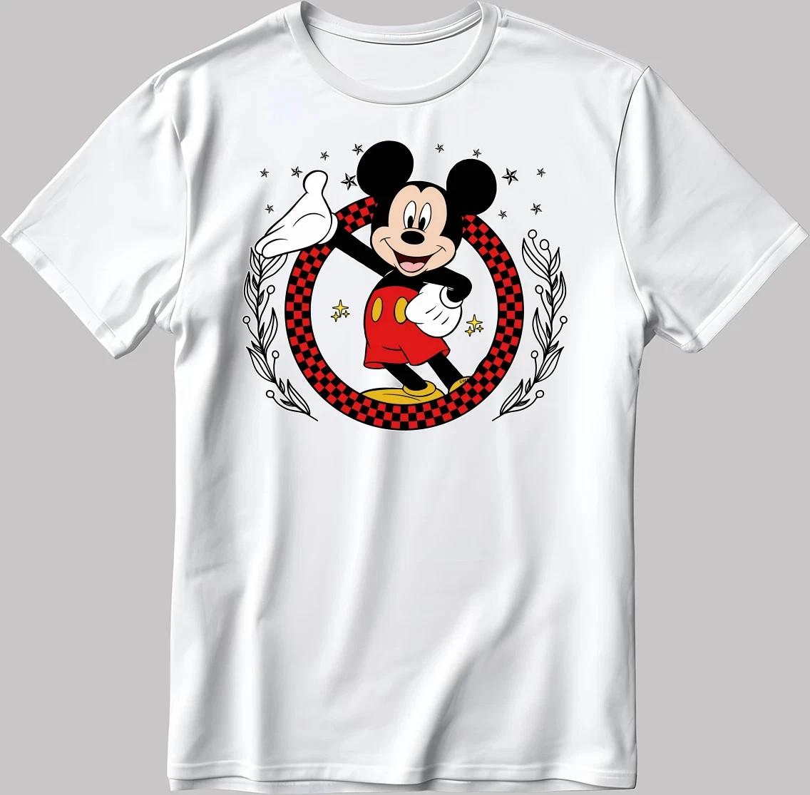 Disney Mickey Mouse Checkered Circle Star Floral White T-Shirt Size S-5XL S разноцветный