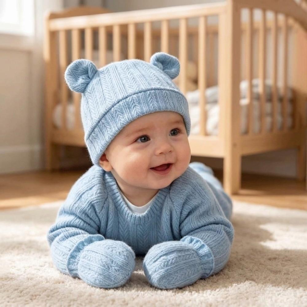 Knitted Bear Ear Earflap Hat Ear Protection Baby Hat Glove Set Fashion Children's Winter Hat  Girls