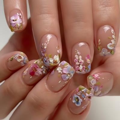 24pcs/Set Square Spring/Summer Colorful Embossed Floral Fake Nail,For Girls Ladies, Parties, Dates, Daily Wear Press On Nails Nail Supplies