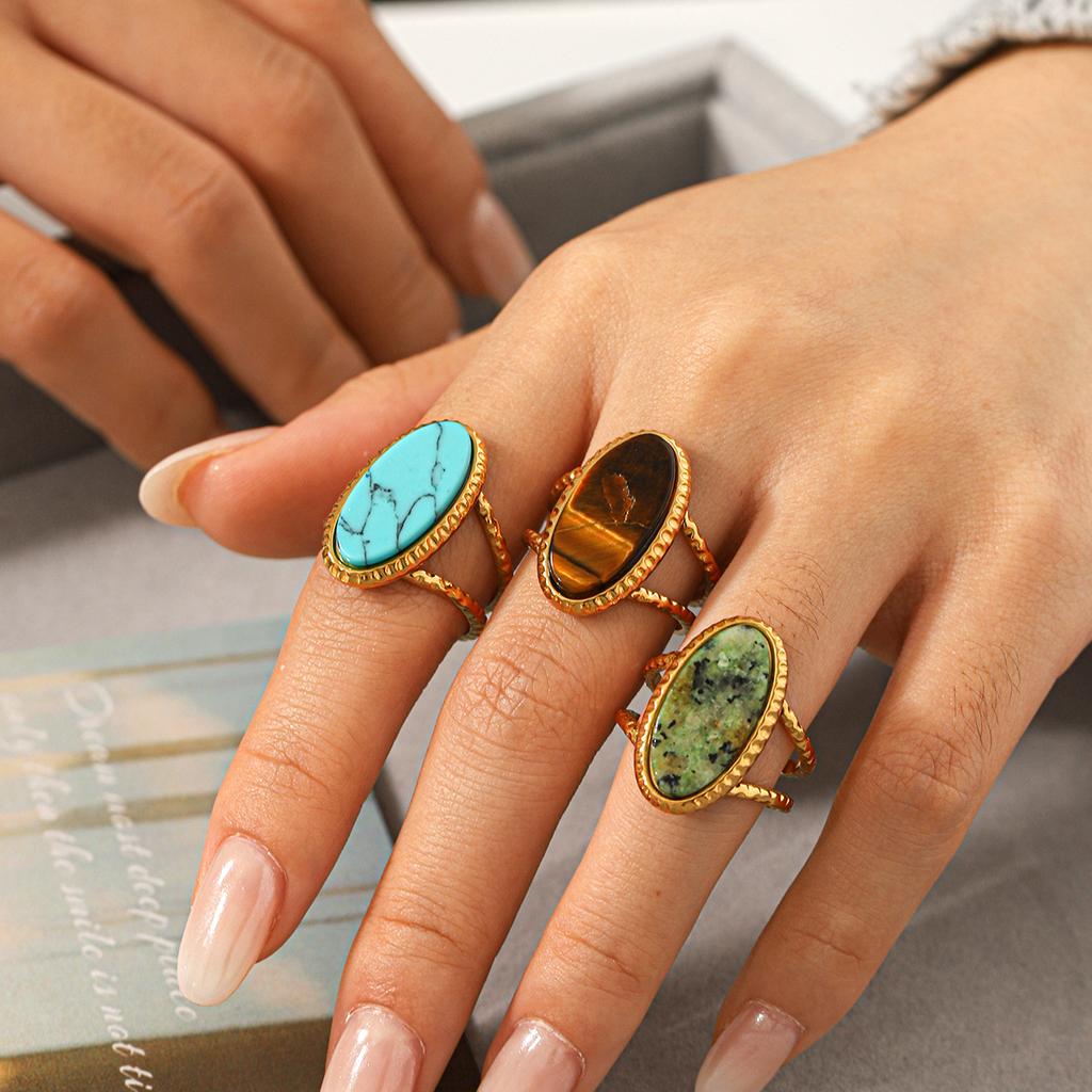 Französischer Retro Edelstahl Schmuck mit eingelegtem Türkis Afrikanischem Türkis Tigerauge Ring für Damen
