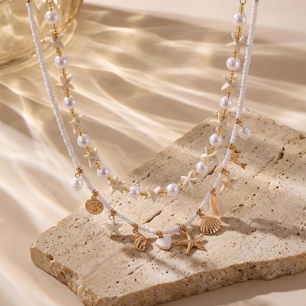 Boho Multilayer Shell Starfish Pendant Necklace Handmade Imitation Pearl Beaded Choker for Women Beach Party Jewelry Gift
