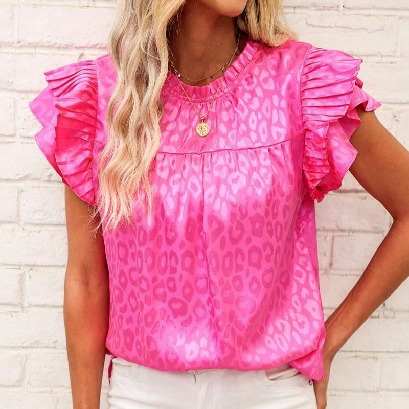 Summer New Fashion Leopard Printed Casual Shirts Women Summer Tops Flying Sleeve Slim Fit Casual Blouse for Women Elegant Solid Pullover Shirt 26626