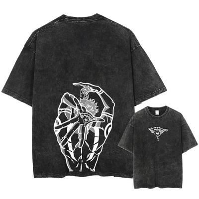 Anime Bedrucktes Streetwear Vintage Washed T-Shirt Herren Harajuku Manga Grafikdruck Gojo Acid Wash Tops T-Shirt Übergroß