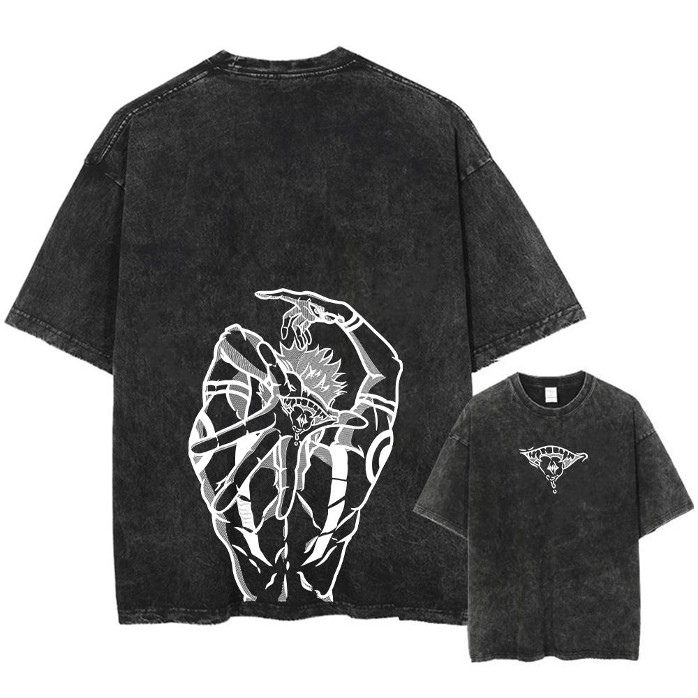 Anime Printed Streetwear Vintage Washed T-shirt Men Harajuku Manga Graphic Print Gojo Acid Wash Tops Tee Shirt