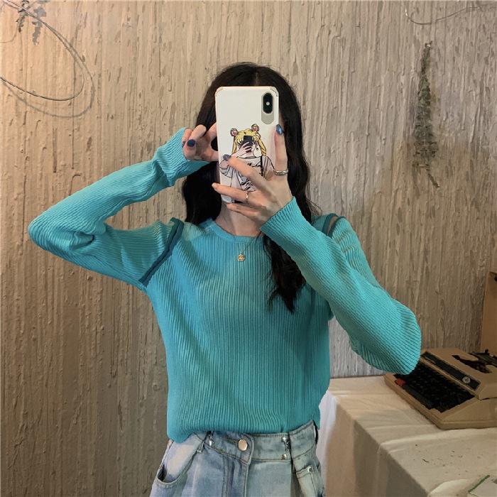 

Knitted sweater women s clothing autumn interior matching color matching shirt 2025 new sweater off-the-shoulder long-sleeved short clothing one size fits all
