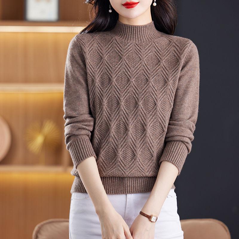 Autumn and Winter Style Long Sleeve Half High Neck Sweater Sweater Women's Korean Version Solid Color Fried Dough Twists Pullover Sweater