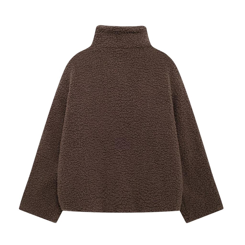 Giacca Cardigan da Donna Versatile Larga con Collo Rialzato in Velluto Teddy e Zip Doppia, Stile Europeo e Americano