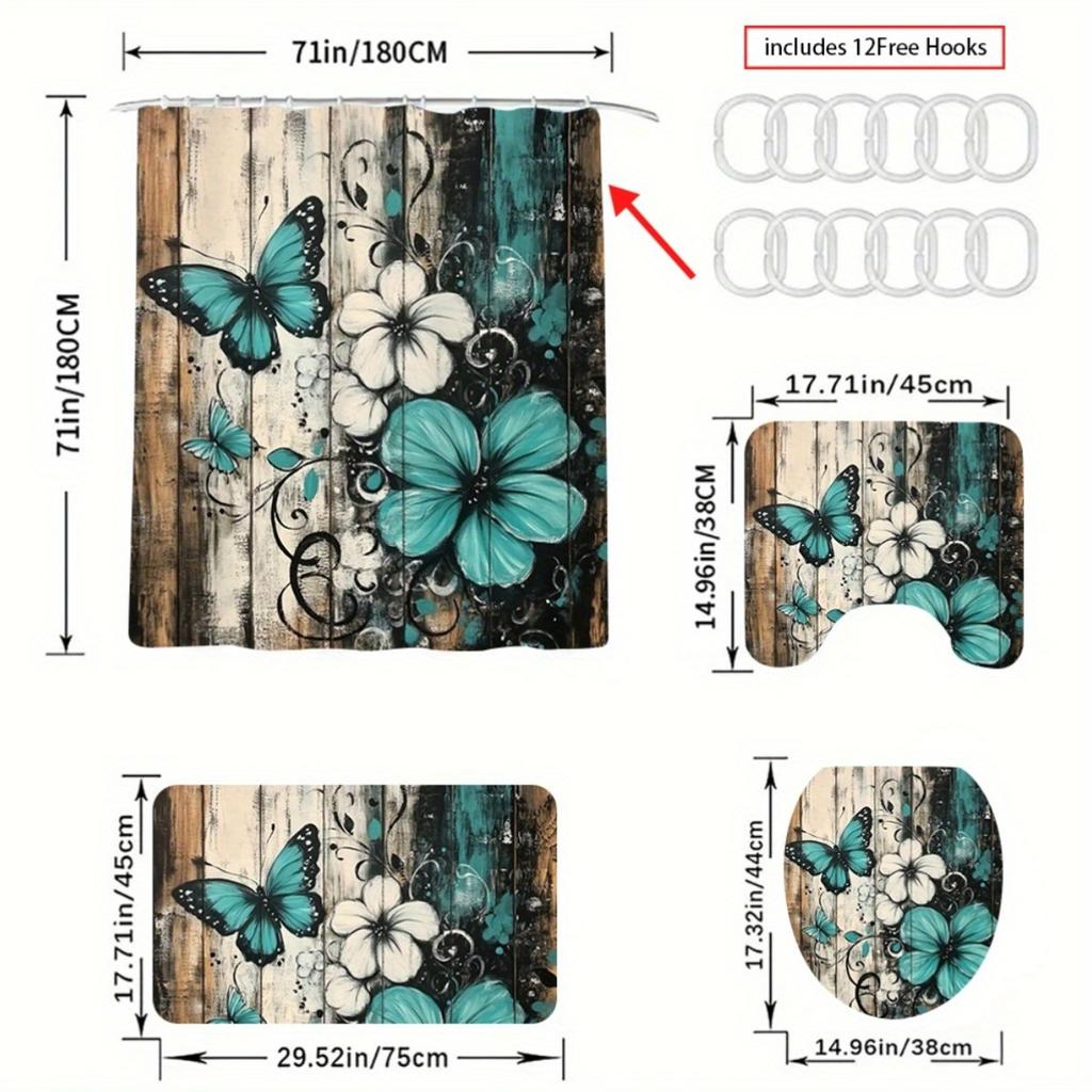 1/4Pcs Bathroom Shower Curtain Set Teal Butterfly  Print Bathroom Curtain With 12 Hooks Non Slip Rugs Toilet Cover Mat Bathroom Partition