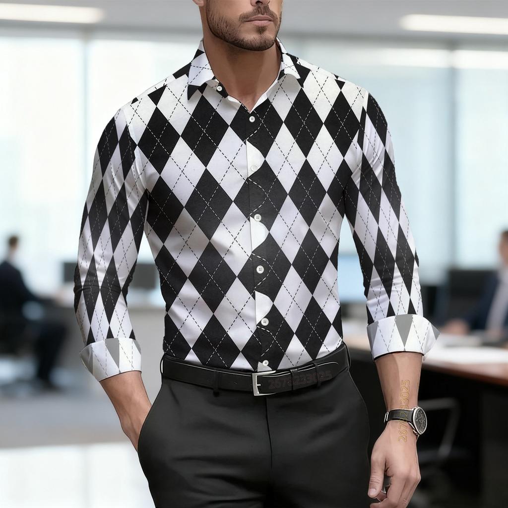 Men's Shirt with Diamond Grid Pattern, Personalized Contrasting Color Design, Versatile Street Style, Trendy Men's Clothing