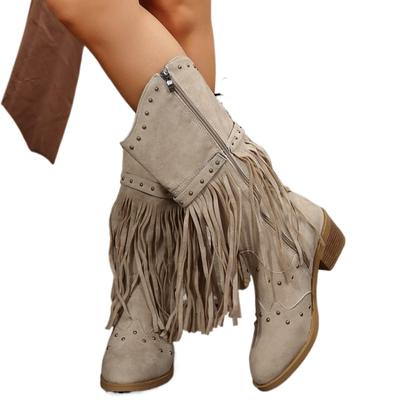 Fashion 2014 New Wedge Chunky Heel Boots Women Rivets Tassels Design Western Boots SyfIyno Khaki Cowboy Boots for Woman Cowgirl Botas