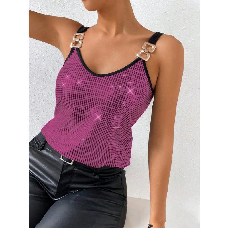 Top Cami da Donna Scollo a V in Rete con Paillettes e Cinturino con Fibbia Metallica per Festa Nightclub Blusa Senza Maniche Monocolore