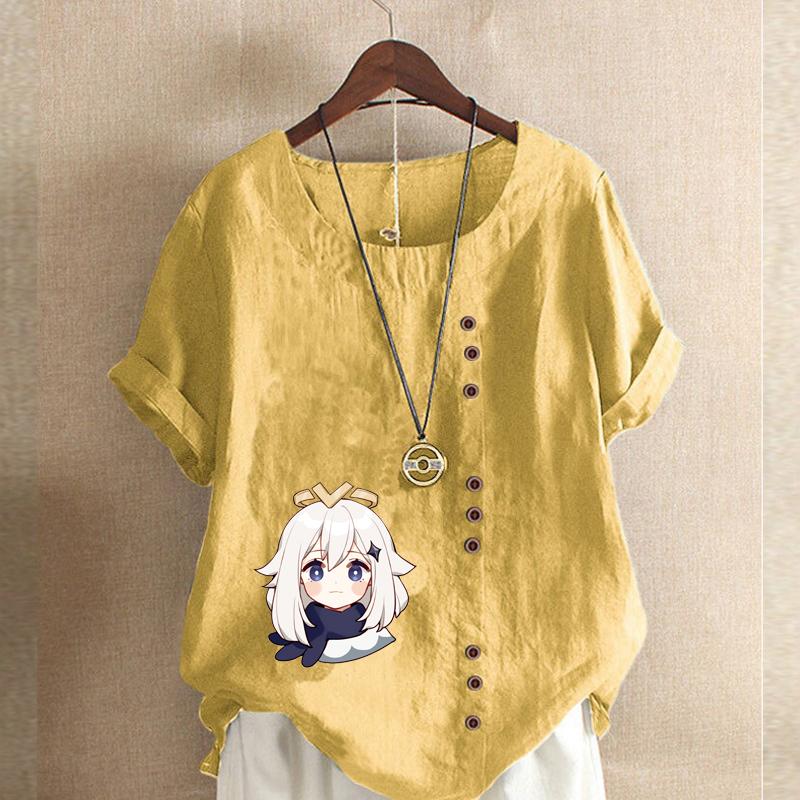 Damska Koszulka T-shirt z Okrągłym Dekoltem i Krótkim Rękawem Casual Bawełniana Lniana Koszula z Nadrukiem Luźna Białe Włosy Dziewczyna Nadruk Letnia Bluzka Top