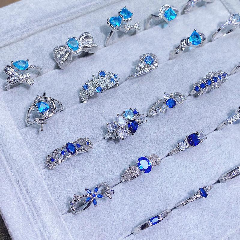 Caibao Personalized Sea Blue Micro-Inlaid Zir*****Pen Ring Female Geometric Niche Light Luxury High-End Ring Female