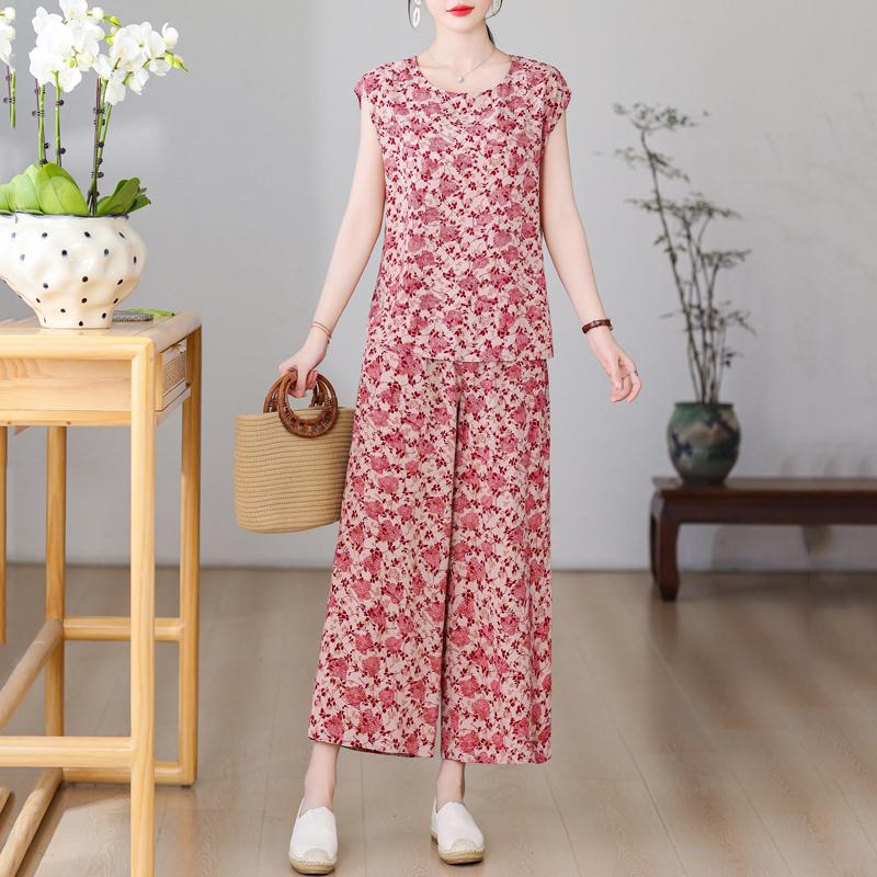 Plus Size Summer Pants Sets for Women Elegant Loose Vintage Print 2 Piece Outifts