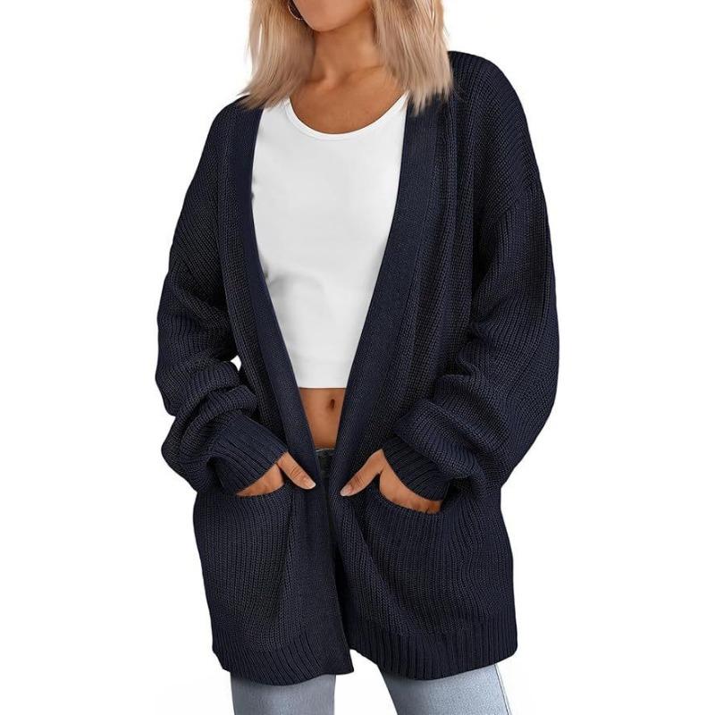 Women S Loose Knit Cardigan Sweater With Pockets Solid Color Long Sleeve