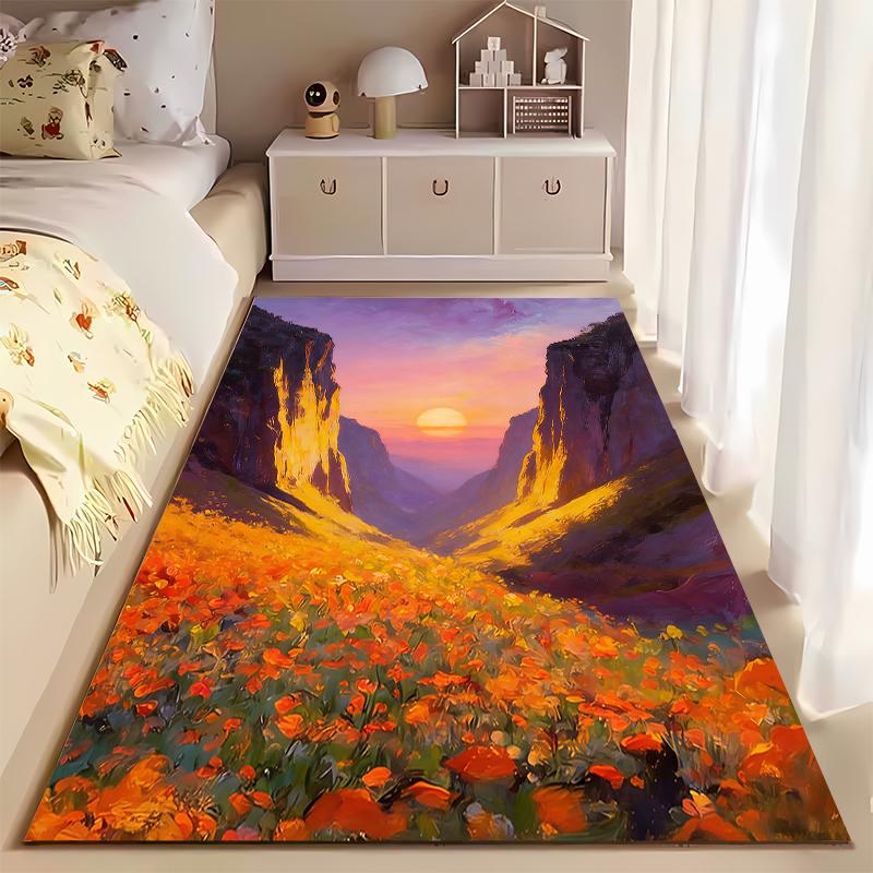 Sunset Landscape Carpet with Orange Flowers and Mountain View Design Suitable for Use As an Anti-slip for Living Room Bedroom Sofas