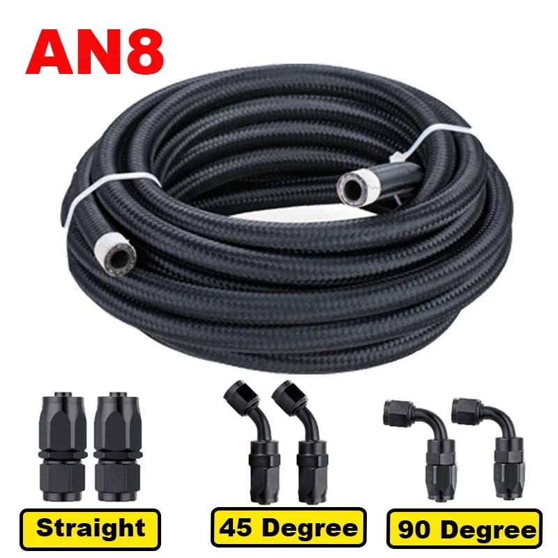 30FT/9M AN6 AN8 Stainless Braided Nylon CPE Oil Fuel Fittings Hose End 0+45+90 Degree Oil Adaptor Kit Black Oil Fuel Hose Line