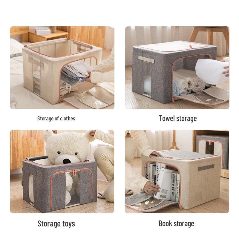 Large Capacity Foldable Storage Box, Cotton Linen Organizer with Steel Frame for Home Quilts and Clothes