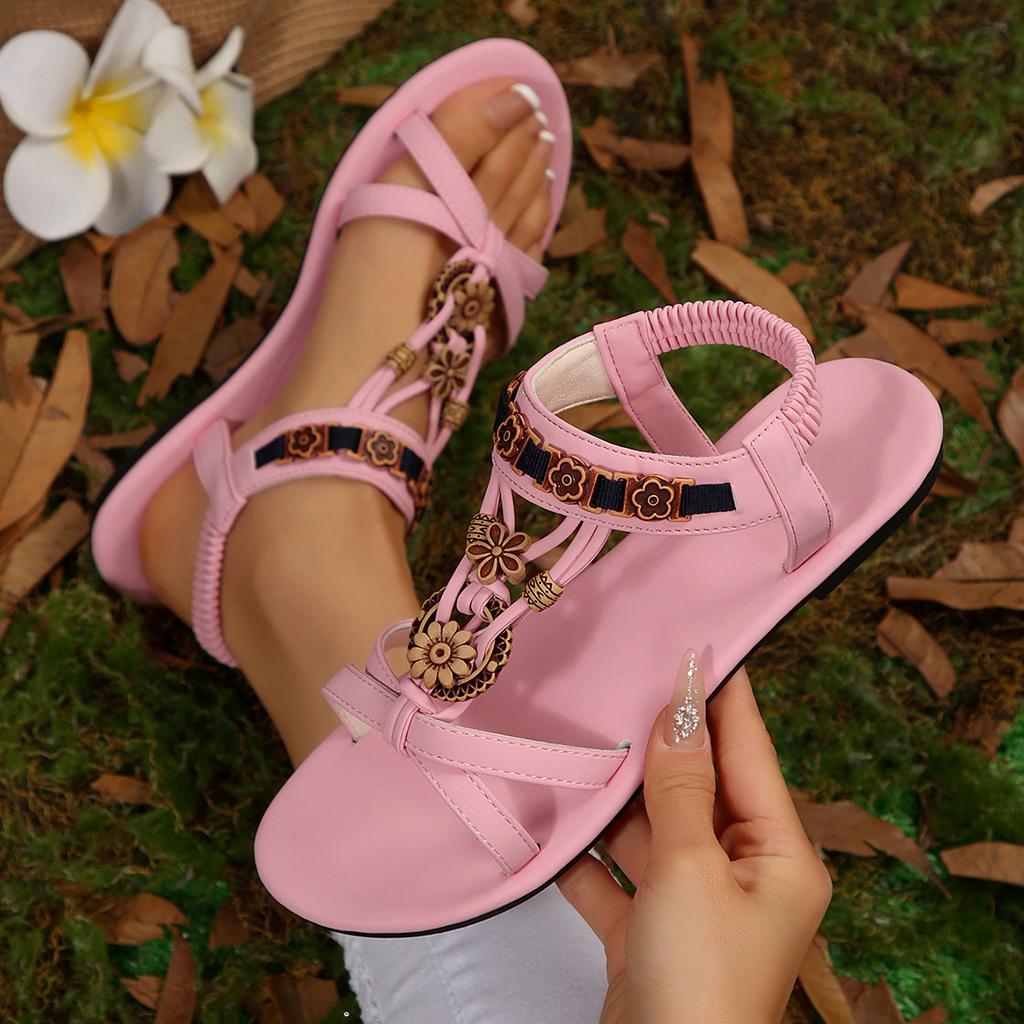Fashion Flower Beaded Bohemian Sandals for Women Summer 2025 Roman Style Comfortable Flat Sandals Woman Lightweight Non Slip Beach Shoes