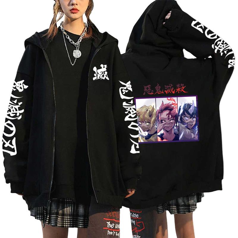 Women's Japanese Retro High Quality Hoodie Harajuku Anime Demon Slayer Printed Zipper Sweatshirt Outerwear Spring Loose Jacket
