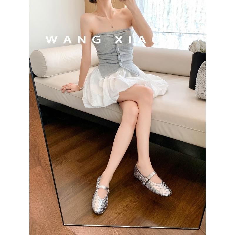 Sheepskin Version Leather Woven Retro Mary Jane Shoes Women's Word with Flat Bottom Shallow Mouth Single Shoes