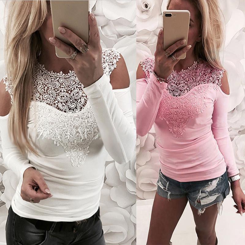 Elegant Spring Collection Sexy Lace Shoulder Cutout Cotton T-shirt Top In Gray Pink White And Black