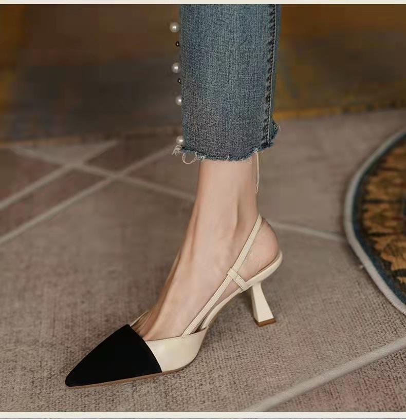 New Women's Shoes Versatile Nude French Pointed High Heels with Thick Heel Single Shoes Bag Head Empty Sandals