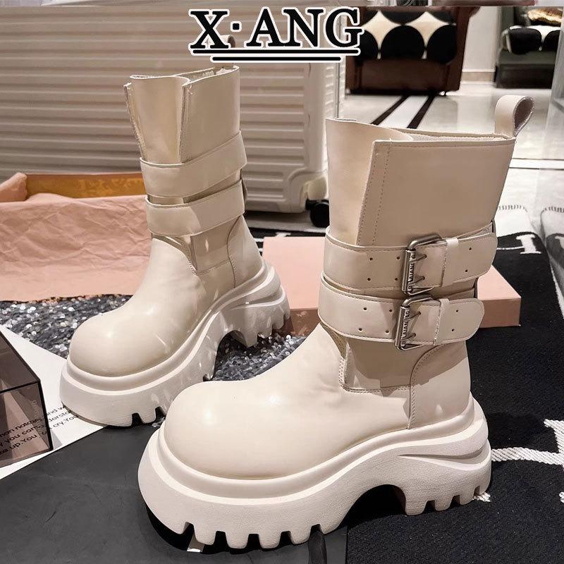 Leather Martin Boots Women's Thick-soled Heightened and Thin Small Chelsea Short Boots Cigarette Boots Medium Boots Locomotive Boots