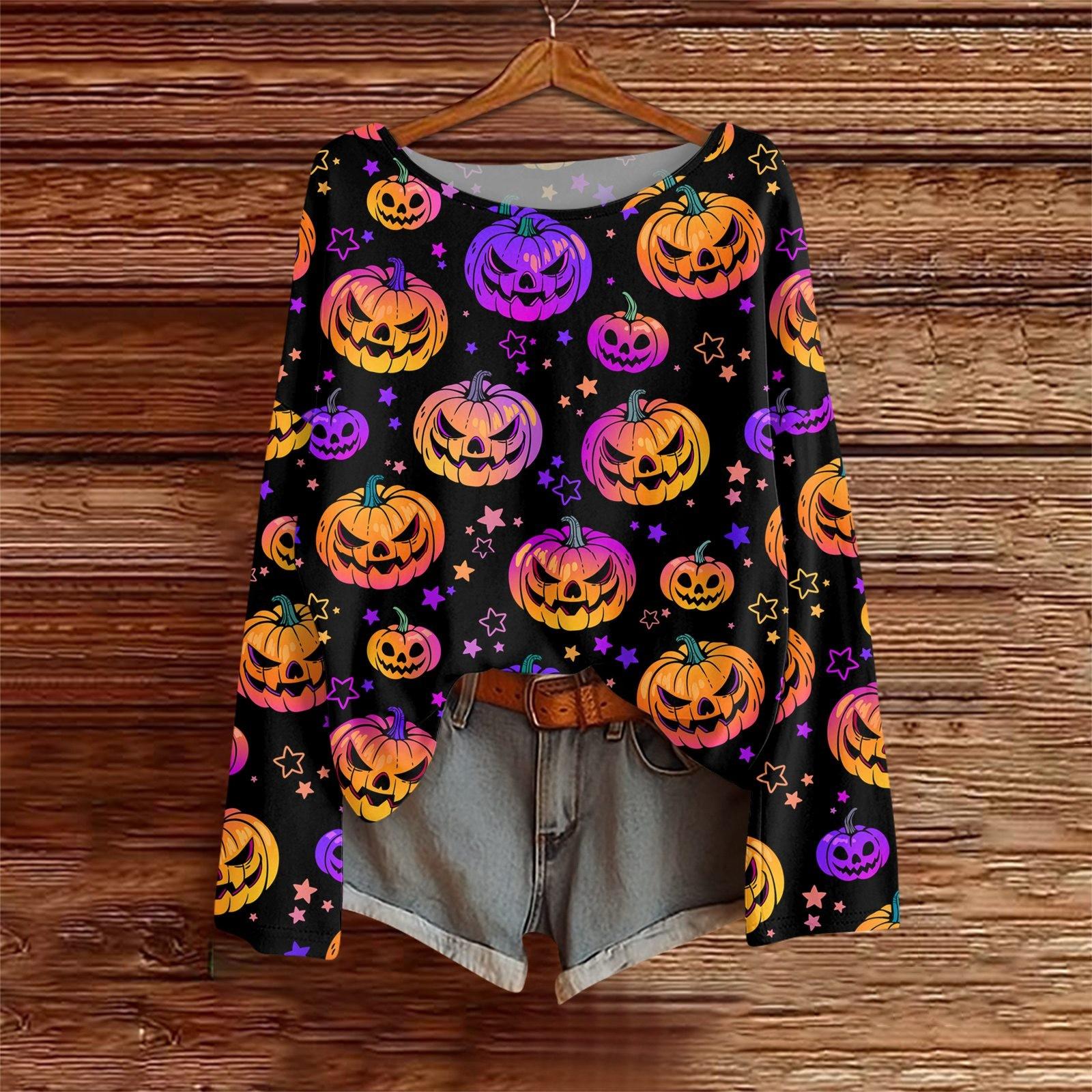 

Long Sleeve Shirts For Women Print Graphic Tees Blouses Casual Plus Size Basic Tops Pullover XXL помаранчевий