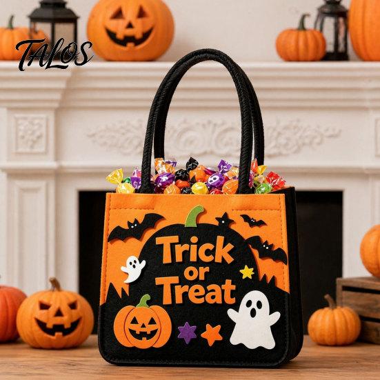 Trick Or Treat Candy Holder Halloween or Bag, Felt Goodie Bag with Pumpkin Ghost Patches, Child-friendly Large Tote for Kids, Party Favor, Haunted