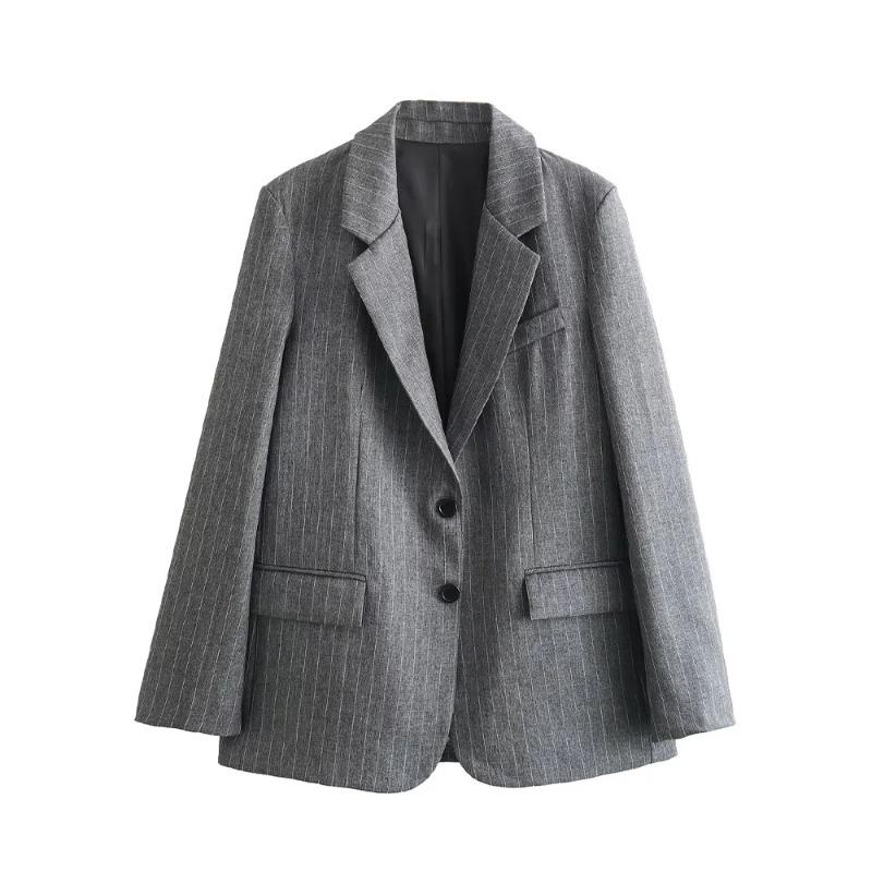 

Женская мода с карманами, полосатый однобортный блейзер, винтажный вырез, длинные рукава, женские шикарные женские наряды XS серый