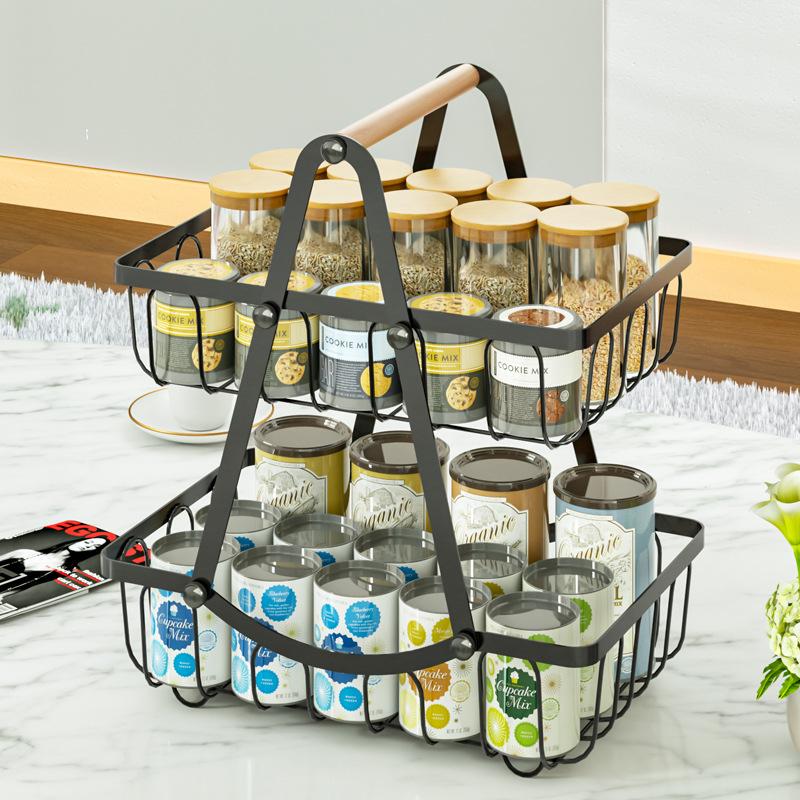 Removable Double Layer Fruit Basket With Wooden Handle Stylish Iron Storage Basket For Kitchen And Living Room Organization