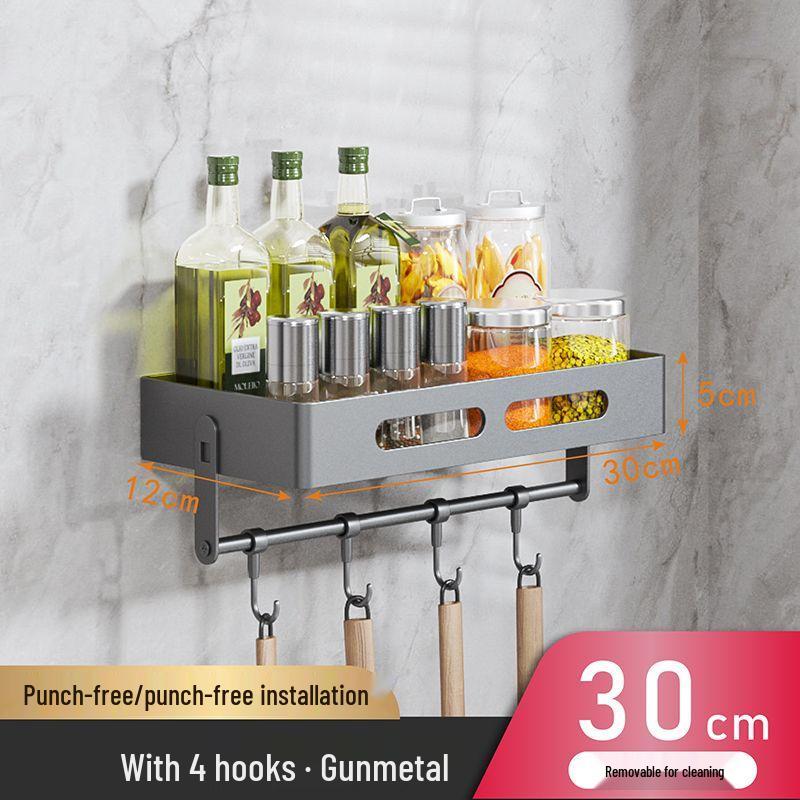 Charlotte Gunmetal Grey Wall-Mounted Kitchen Storage Rack with Seasoning Jar Organizer, Punch-Free