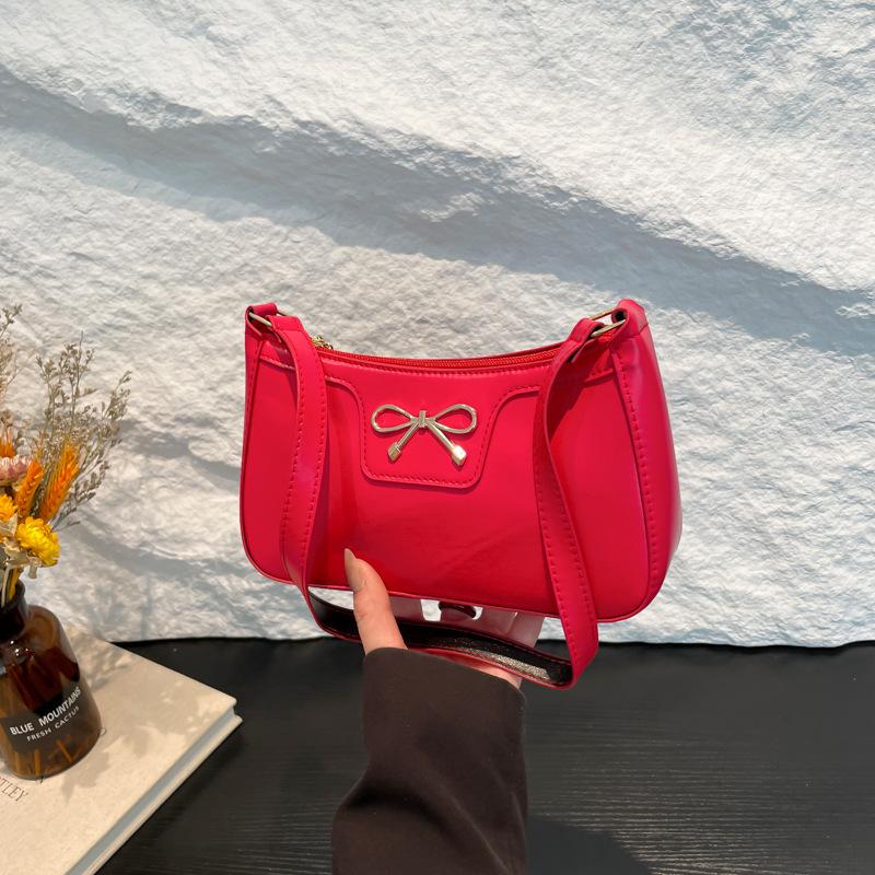 Fashion Bow 2025 Solid Color New Trendy Texture Foreign Style One Shoulder Underarm Baguette Bag Women