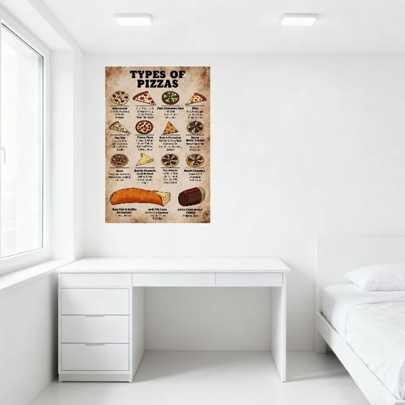 Vintage Types of Pizzas Metal Tin Sign - Retro Aged Poster Wall Decor with Pizza Illustrations & Descriptions for Home Bar Cafe