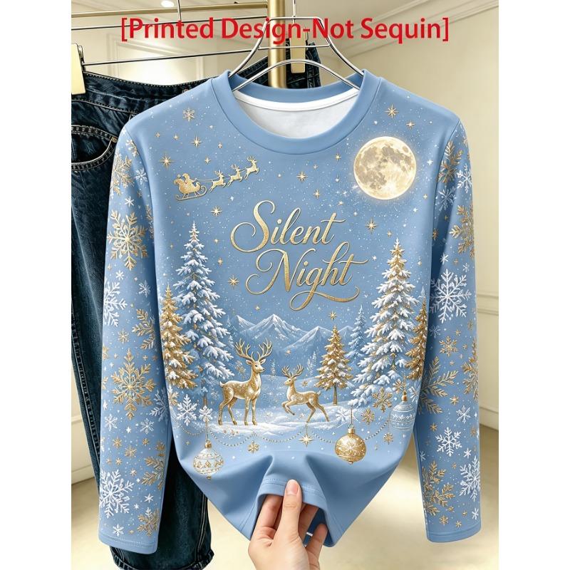 Women's elegant long sleeves, Christmas starry sky, elk and snowflake print, round neck bottoming shirt, perfect for daily commuting
