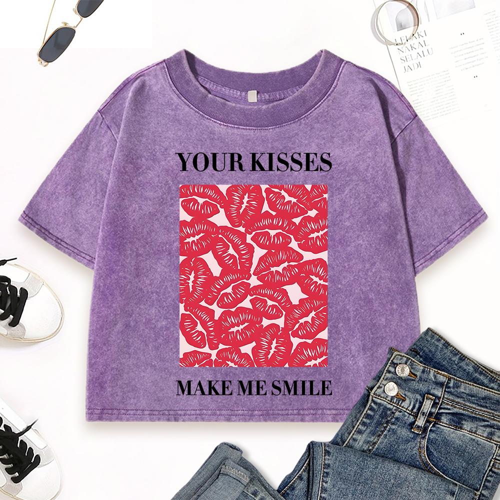 Your Kisses Make Me Happy  Print Washed Crop T-Shirt Women Vintage Cotton T-Shirts Clothes Summer Fitness Top