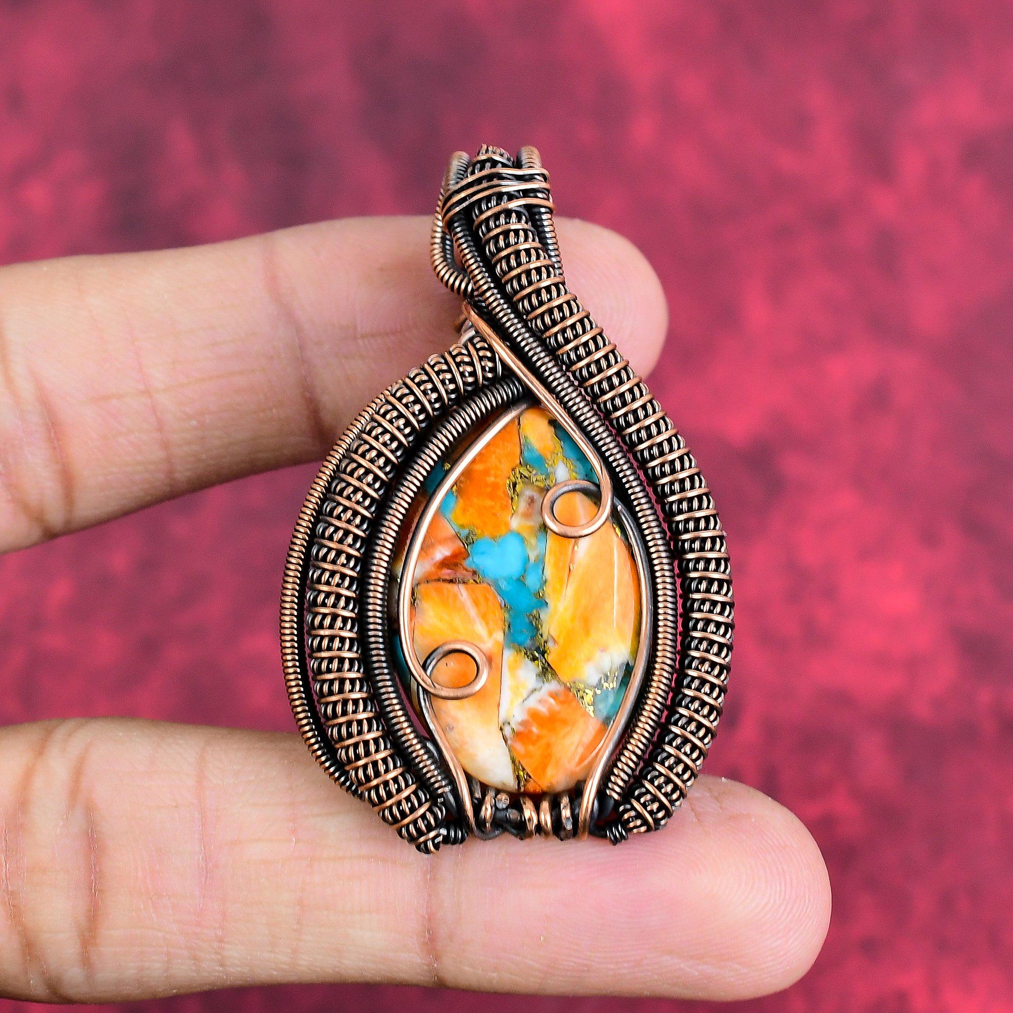 Spiny oyster copper turquoise pendant copper wire wrapped gemstone pendant copper jewelry gifts for women handmade pendant wire wrap jewelry