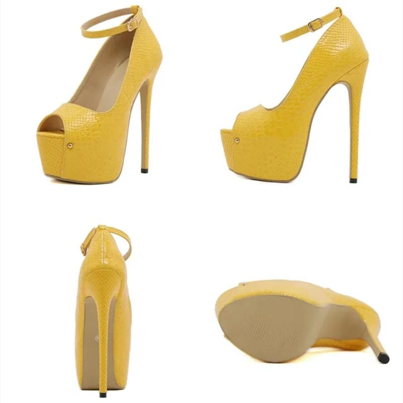 Fashion Sexy Peep Toe Buckle Strap Platform High Heels Womens Super-high Heels Stripper Nightclub Prom Party Shoes Yellow Block Heel