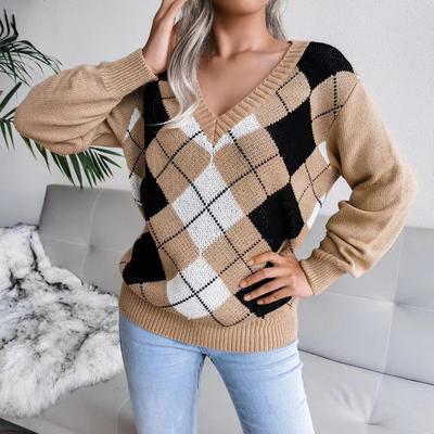2022 Women's Collegiate V-Neck Plaid Sweater: Diamond Pattern, Autumn/Winter Style