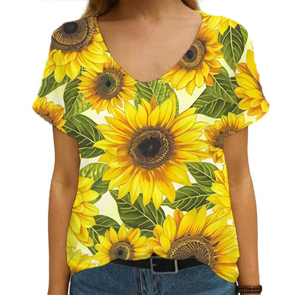 3D Printed Sunflower Women's T-shirt, V-neck Streetwear T-shirt, Harajuku T-shirt, Women's Plus-size T-shirt