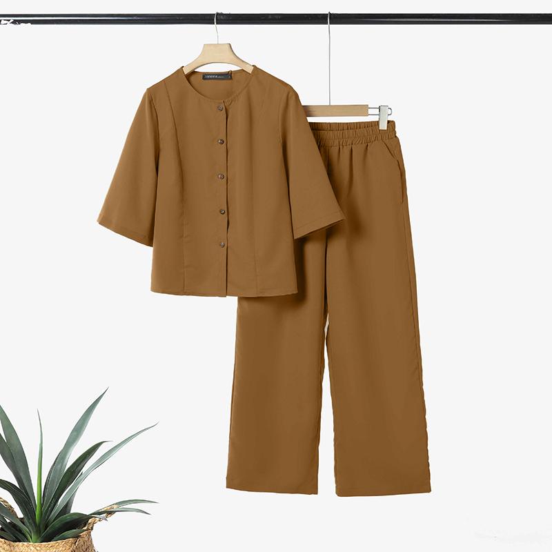 

ZANZEA Женские повседневные комплекты из блузки и брюк с рукавом 3/4 из двух предметов 4XL коричневый