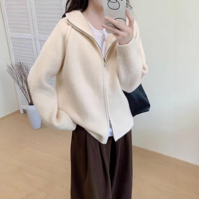 Autumn and Winter New Casual Simple Zipper Stand-up Neck Knitted Cardigan Women's Clothing Loose and Thin Versatile Sweater Jacket