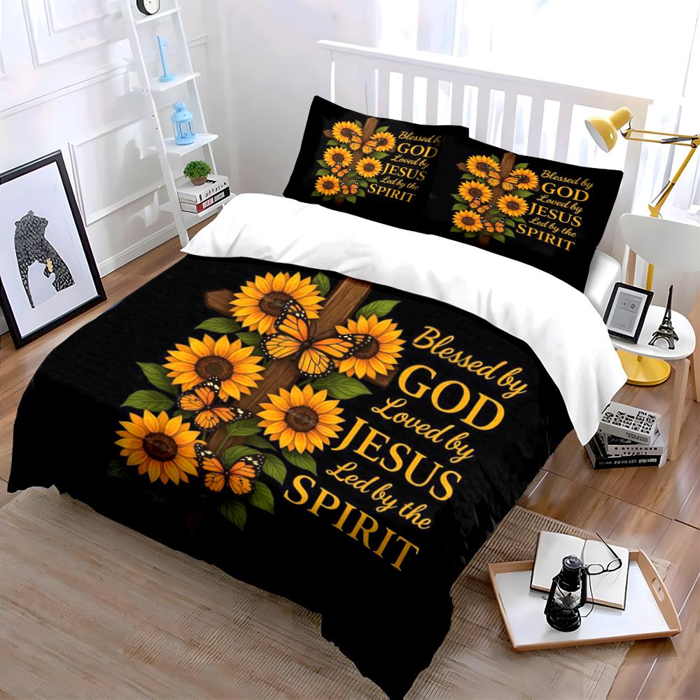 Blessed by God Cross Sunflower Bedding Set Bedding Set (1 Duvet Cover, 2 Pillowcases, Duvet Not Included)