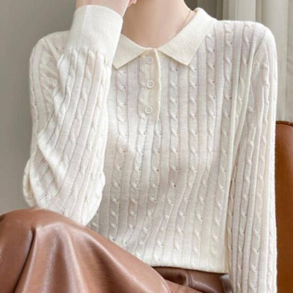Navava Women Cable Knit Long Sleeve Collar Nk2285