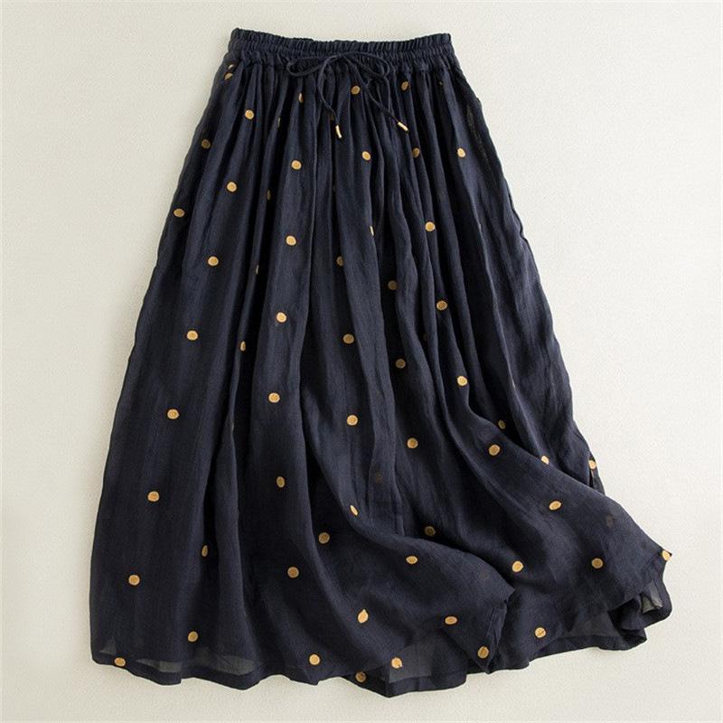 2025 Spring/Summer Women's Cotton Linen Polka Dot Pleated Midi Skirt with Elastic Waist