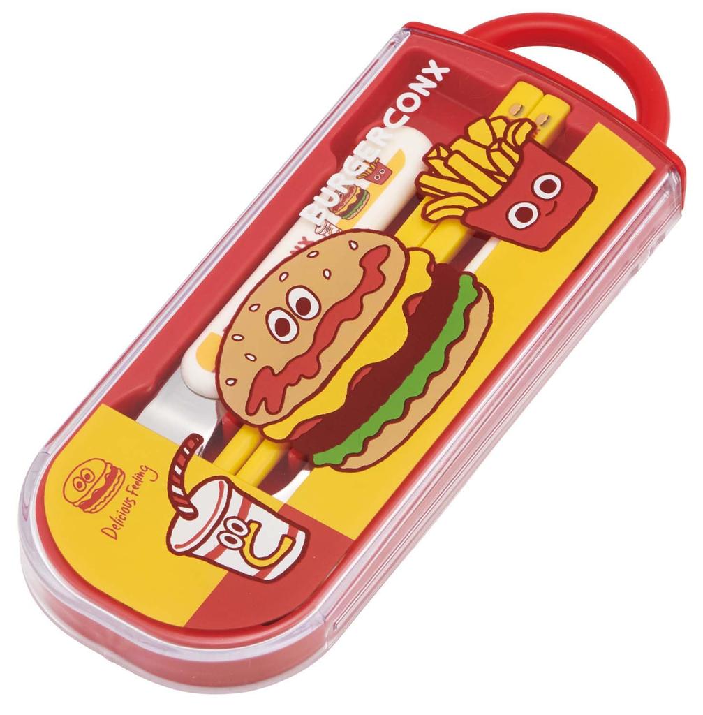 Skater Cutlery Set for Children, Lunch Box Set, Chopsticks, Spoon, Fork, Made in Japan, Slide-Type, with Name Sticker, Trio Set, Burger Conks Friends