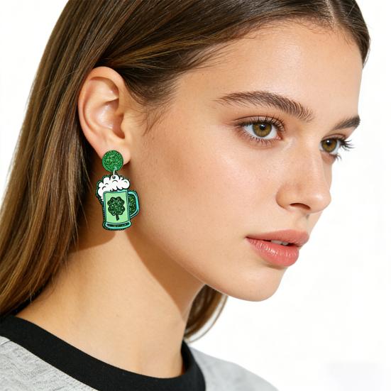 St Patricks Day Earrings Lightweight Acrylic Glitter Shamrock Earrings Sparkly Lucky Clover Dangle Drop Earrings for Women Holiday Party Accessories