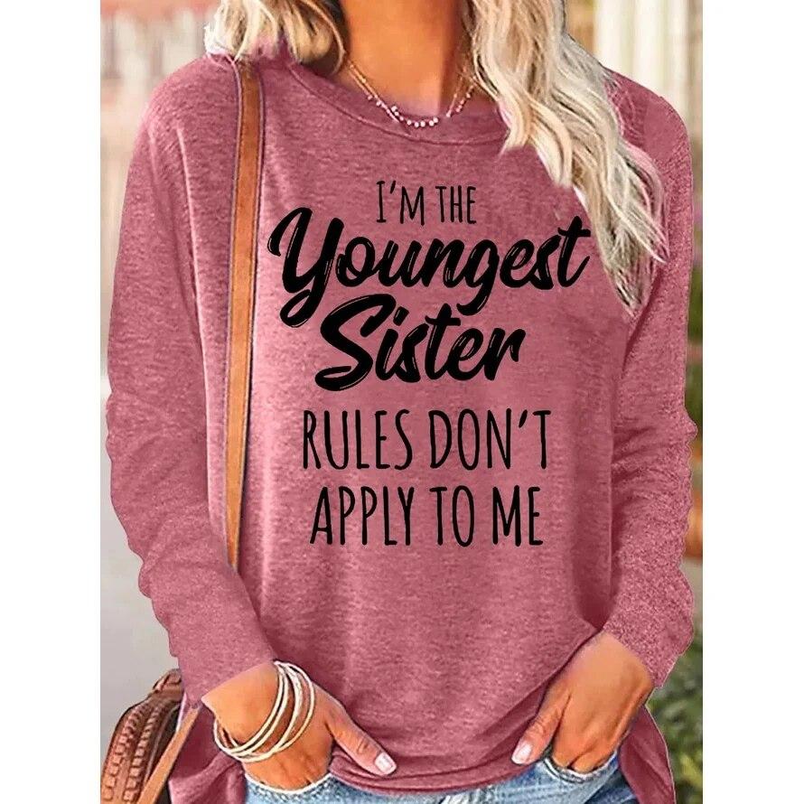 Damen-Langarm-Top, lustiges Schwester-Geschenk, jüngste Schwester, lässig, O-Ausschnitt, 3D-Text, Buchstaben, Luxus-T-Shirt, Übergröße, Damenbekleidung