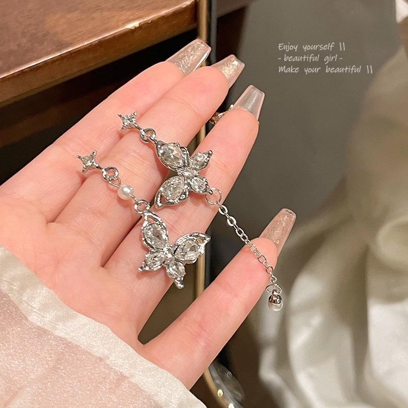 S925 Silver Needle Asymmetrical Long Tassel Butterfly Earrings with Sparkling Zircons for Women